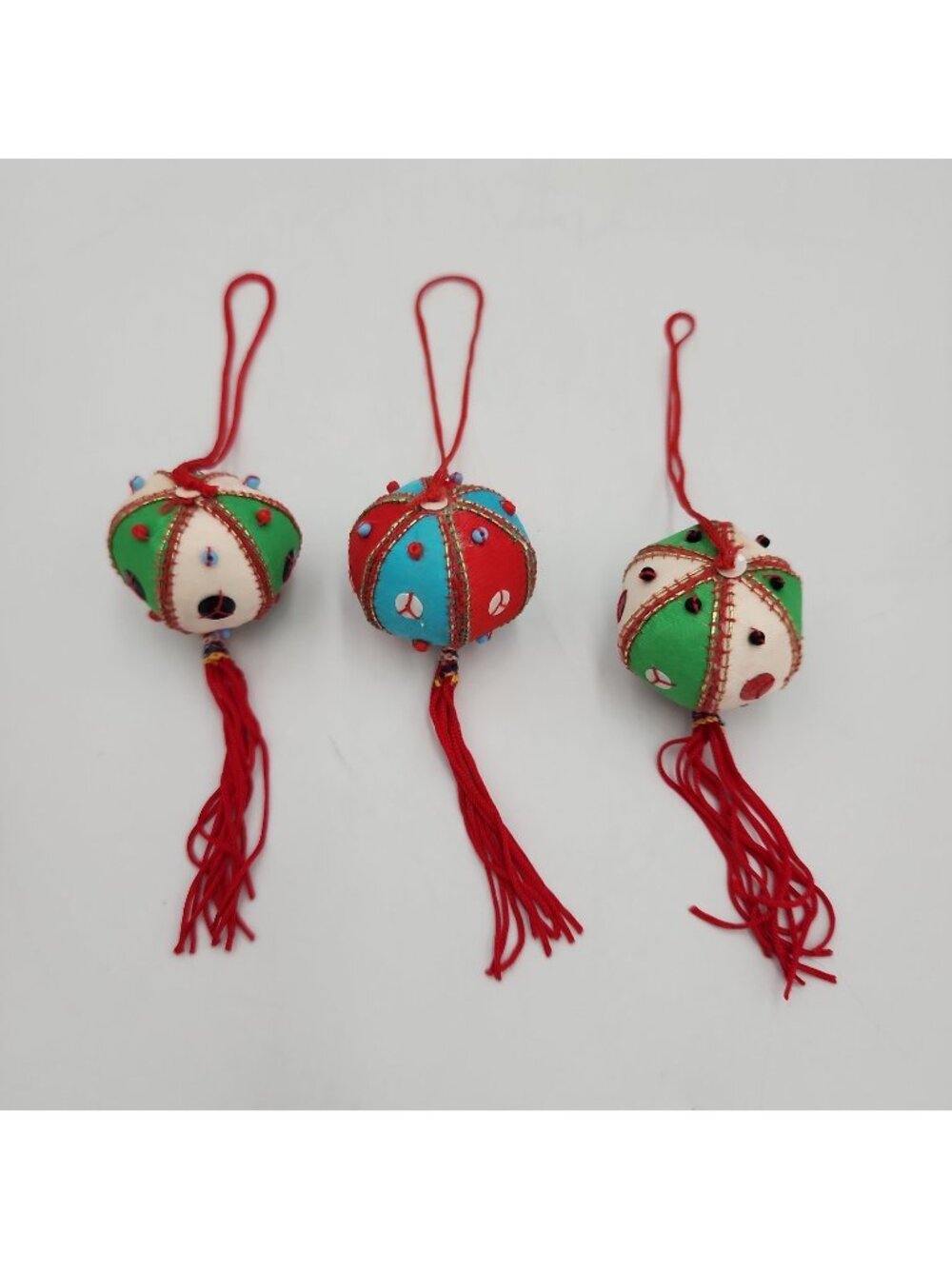 Small X3 Tassel Ball Ornaments Silky Fabric Sequins Beads Japanese Temari Style
